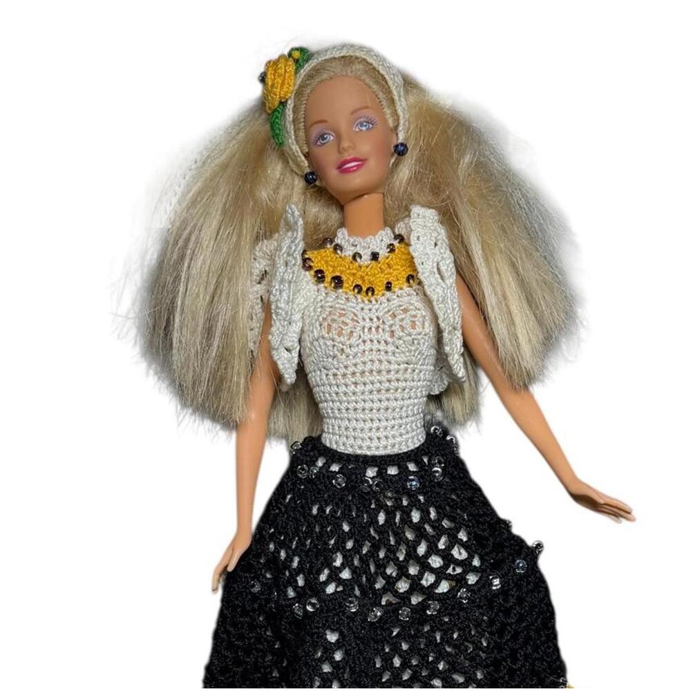 Vintage Barbie Doll Handmade Crochet Dress Black White Gold Gown Outfit OOAK
